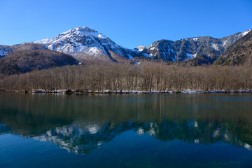 Fototapeta na wymiar Lake Taisho and Mt.Yake in winter in Kamikochi, Nagano, Japan