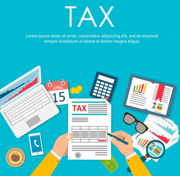 Tax payment. Government taxes. State taxes. Data analysis, paperwork, financial research, report. Businessman calculation tax. Calculation of tax return. Flat design. Tax form vector. Payment of debt.