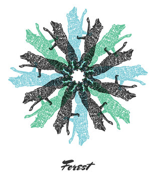 Vector Forest mood Engraved fractal outlet composition. Bright colored composition with reindeer and wolfs
