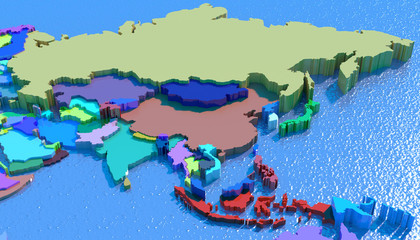 Mappa 3D Asia con nazioni in rilievo e colorate