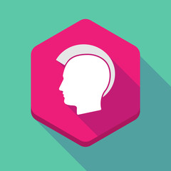Long shadow hexagon icon with  a male punk head silhouette