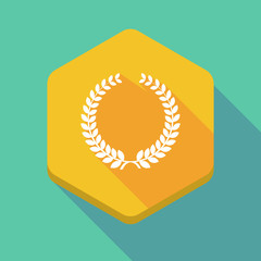 Long shadow hexagon icon with  a laurel crown sign