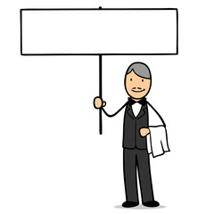 Cartoon Kellner hält leeres Schild hoch