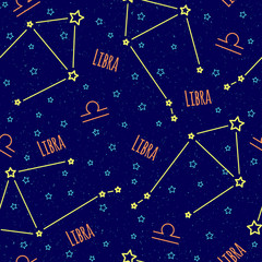 Fototapeta na wymiar Seamless vector pattern. Background with the image of constellation libra zodiac sign on a dark blue background with blue stars. Pattern for design packaging, design brochures, printing on textiles