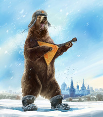 Grotesque (caricature) character. Drunk and furious bear with a balalaika is wearing a soldier cap. Comic image of Russia and the USSR. Propaganda cliche. - obrazy, fototapety, plakaty