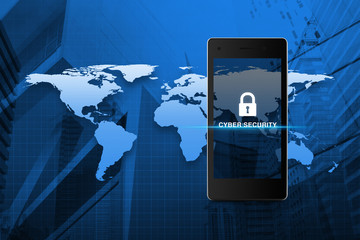 Key icon and cyber security text on modern smart phone screen ov