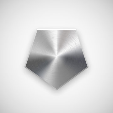 Abstract polygon, hex badge, blank button template with metal texture, chrome, silver, steel and realistic shadow for logo, design concepts, prints, web, interfaces, UI. Vector illustration.