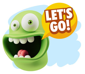 3d Rendering Smile Character Emoticon Expression saying Let'S Go