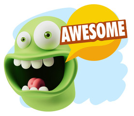 3d Rendering Smile Character Emoticon Expression saying Awesome