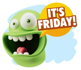 3d Rendering Smile Character Emoticon Expression saying It's Fri