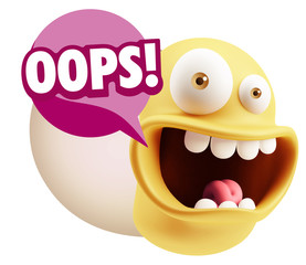 3d Rendering Smile Character Emoticon Expression saying Oops wit