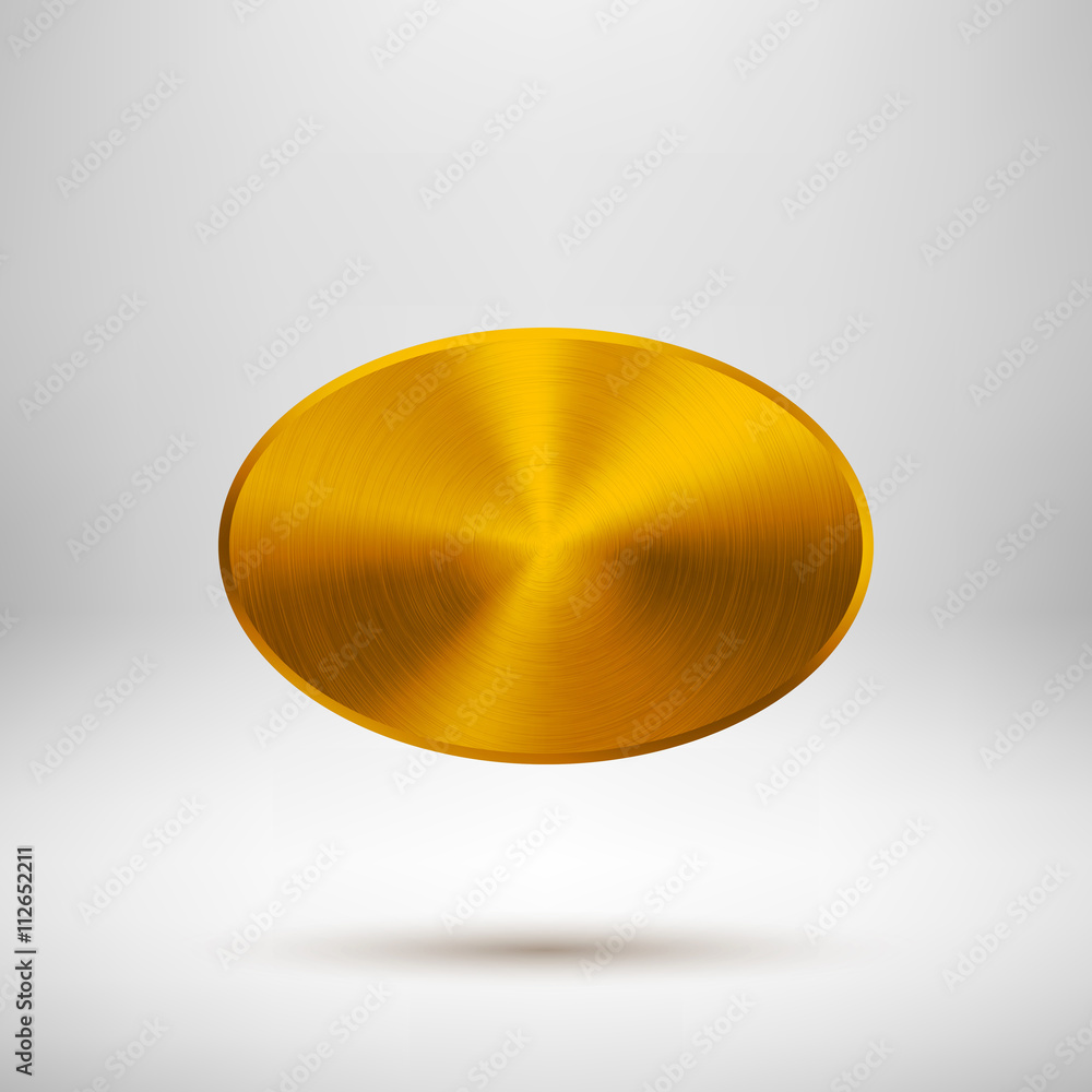 Poster gold abstract ellipse badge, blank button template with metal texture (chrome, silver, steel), reali