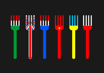 Silhouettes of forks in the colors of flags of different countries on a black background in vector graphics