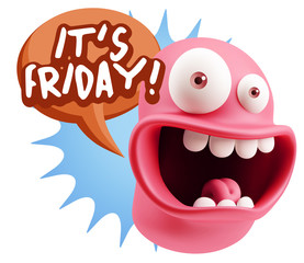3d Rendering Smile Character Emoticon Expression saying It's Fri