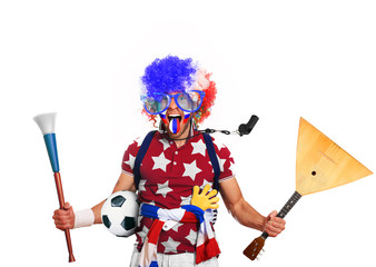 Russia football fan in a red wig and horns