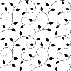 vector illustration, seamless pattern, decorative black and white curly ivy branches with leaves