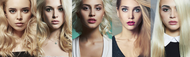 Beauty blondes collage.Faces of women. Fashion photo.Different beautiful blond girls