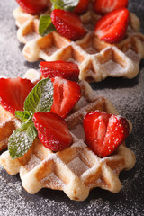 Belgian waffles with strawberries and sprinkled with powdered sugar macro 
