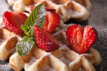 Beautiful food: Belgian waffles with fresh strawberries. Horizontal
