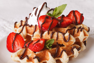Belgian waffles with strawberries, whipped cream and chocolate macro. Horizontal
