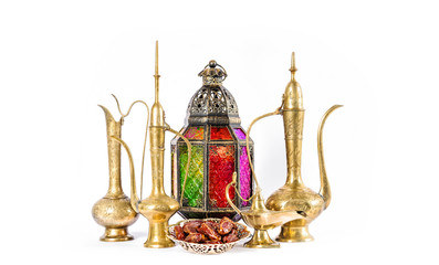 Fototapeta na wymiar Oriental decoration lantern pots dishes Islamic holidays