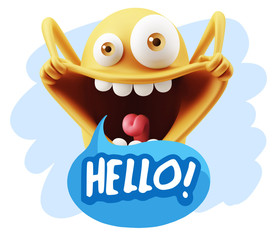 3d Rendering Smile Character Emoticon Expression saying Hello wi