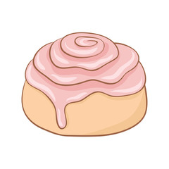 Freshly baked cinnamon roll with sweet pink flavored frosting. Vector illustration.