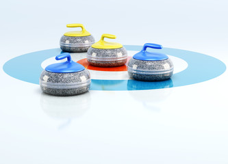 Curling stones in the center of target isolated on white background. 3d rendering.