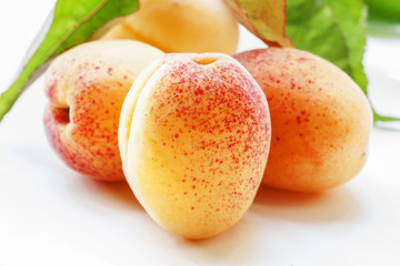 Fresh apricots on a white background, non-isolated, macro photo,