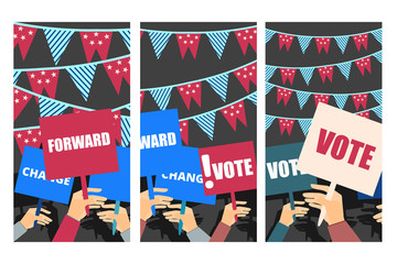 Election campaign, election vote, election poster, holding posters, election banner, supporting team, voters support, people with placards. Vector.