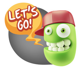 3d Rendering Smile Character Emoticon Expression saying Let'S Go