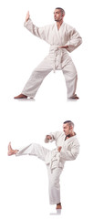 Collage of karate player in kimono isolated on white