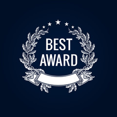 Best award white laurel label. Best award vector laurel wreath sign. Winner label, leaf symbol victory, triumph and success illustration