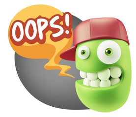 3d Rendering Smile Character Emoticon Expression saying Oops wit