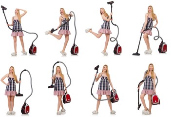 Young woman with vacuum cleaner on white