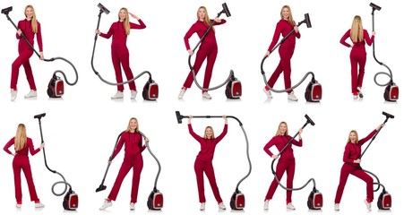 Young woman with vacuum cleaner on white