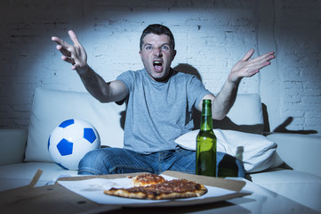 angry football fan ball and beer bottle watching tv soccer screaming upset