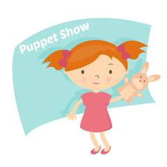 Illustration small girl with hand puppet toy. Vector