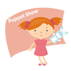 Illustration small girl with hand puppet toy. Vector