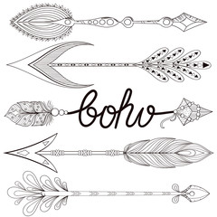 Bohemian Arrows set with henna feathers. Hand drawn zentangle Ar