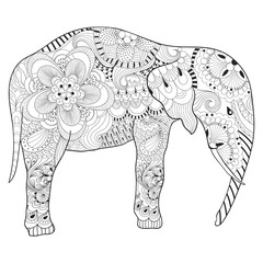 Hand drawn zentangle Elephant with mandala for adult antistress 