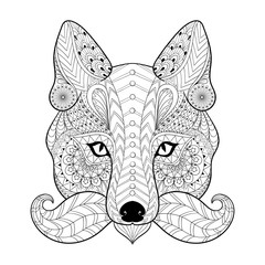 Hand drawn zentangle tribal Fox face for adult anti stress color
