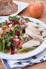 Healthy Chicken Salad – A salad with chicken, carrots, pecans, lettuce, bacon, and dried cranberries.