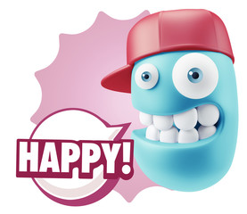 3d Rendering Smile Character Emoticon Expression saying Happy wi
