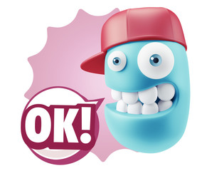 3d Rendering Smile Character Emoticon Expression saying Ok with
