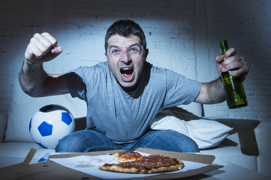 Fanatic Crazy Football Fan Watching Television Soccer Screaming Happy Celebrating Scoring Goal