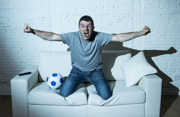 Fototapeta  crazy football fan watching tv soccer match alone screaming happy celebrating goal obraz