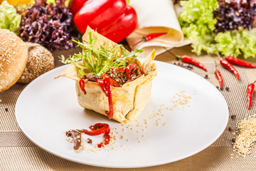 Salad with beef and chili pepper