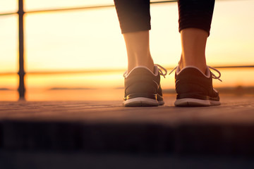 Perfect day for running, and fitness. Close up shoes, sunlight sun, 