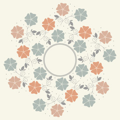 Decorative round frame with colorful flowers, leaves and curls